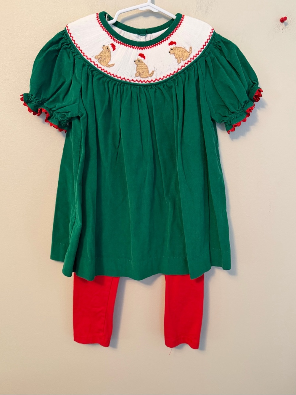 Stitchy Fish Green Holiday Puppy Smocked Dress Outfit with Red Leggings